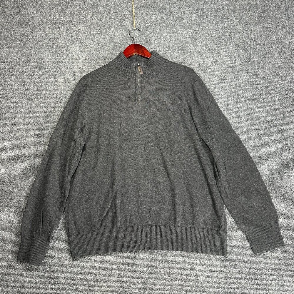 Eddie Bauer Sweater Mens  1/4 Zip Gray Cotton Cashmere Knit Pullover Ribbed Hem